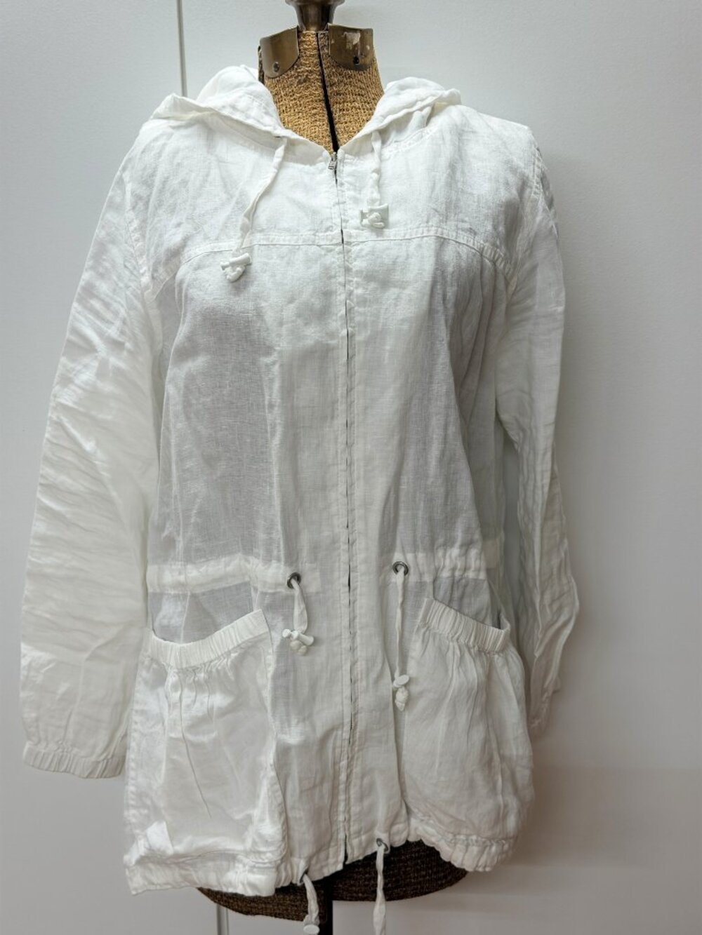 EILEEN FISHER White Linen Hooded Casual Jacket Zip Front Drawstring Waist sz PM
